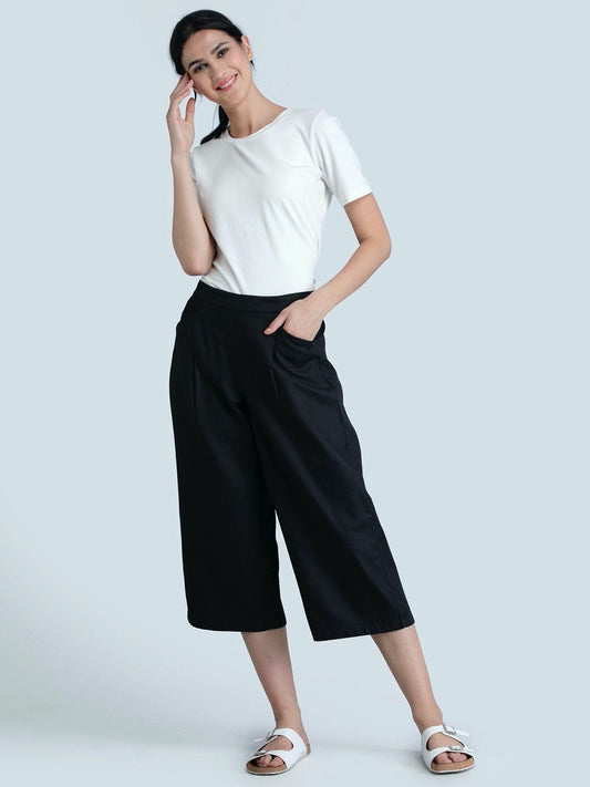 Cotton Flax Pleated Culottes With Elastic - Black