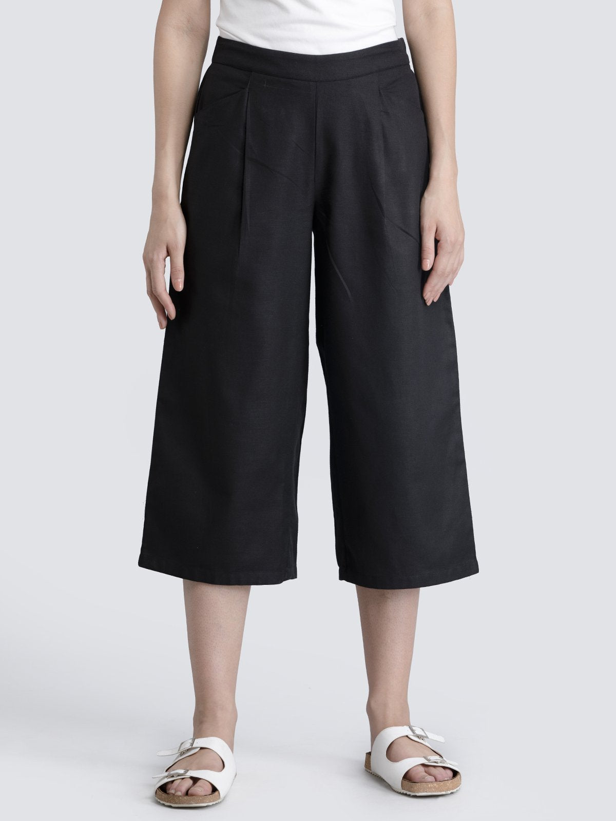Cotton Flax Pleated Culottes With Elastic - Black