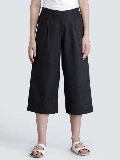 Cotton Flax Pleated Culottes With Elastic - Black
