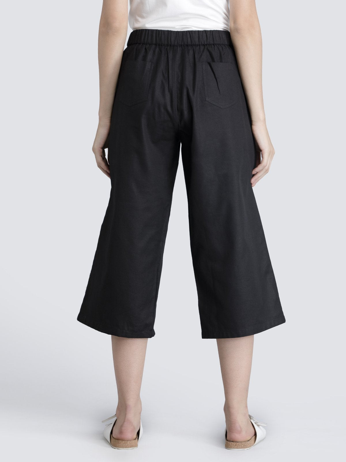 Cotton Flax Pleated Culottes With Elastic - Black