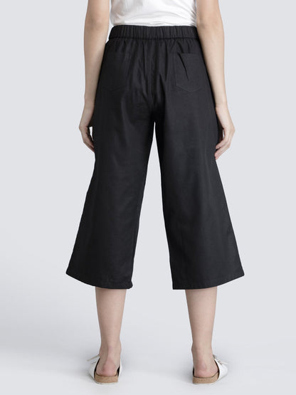 Cotton Flax Pleated Culottes With Elastic - Black
