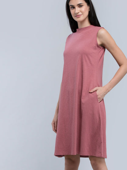 Cotton High Neck Knitted Dress - Pink