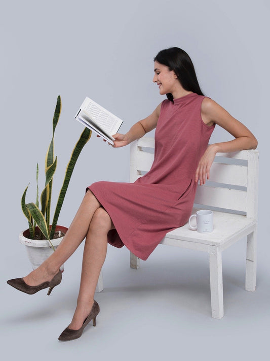 Cotton High Neck Knitted Dress - Pink