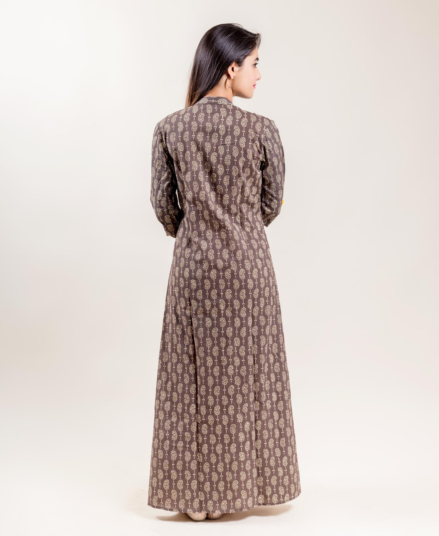 Brown and Mustard Hand Block Printed Double Layered Long Jacket Dress