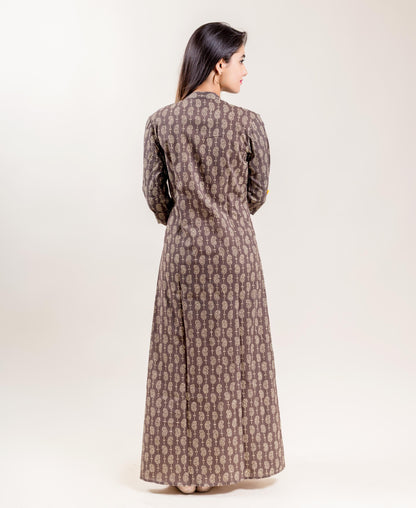Brown and Mustard Hand Block Printed Double Layered Long Jacket Dress