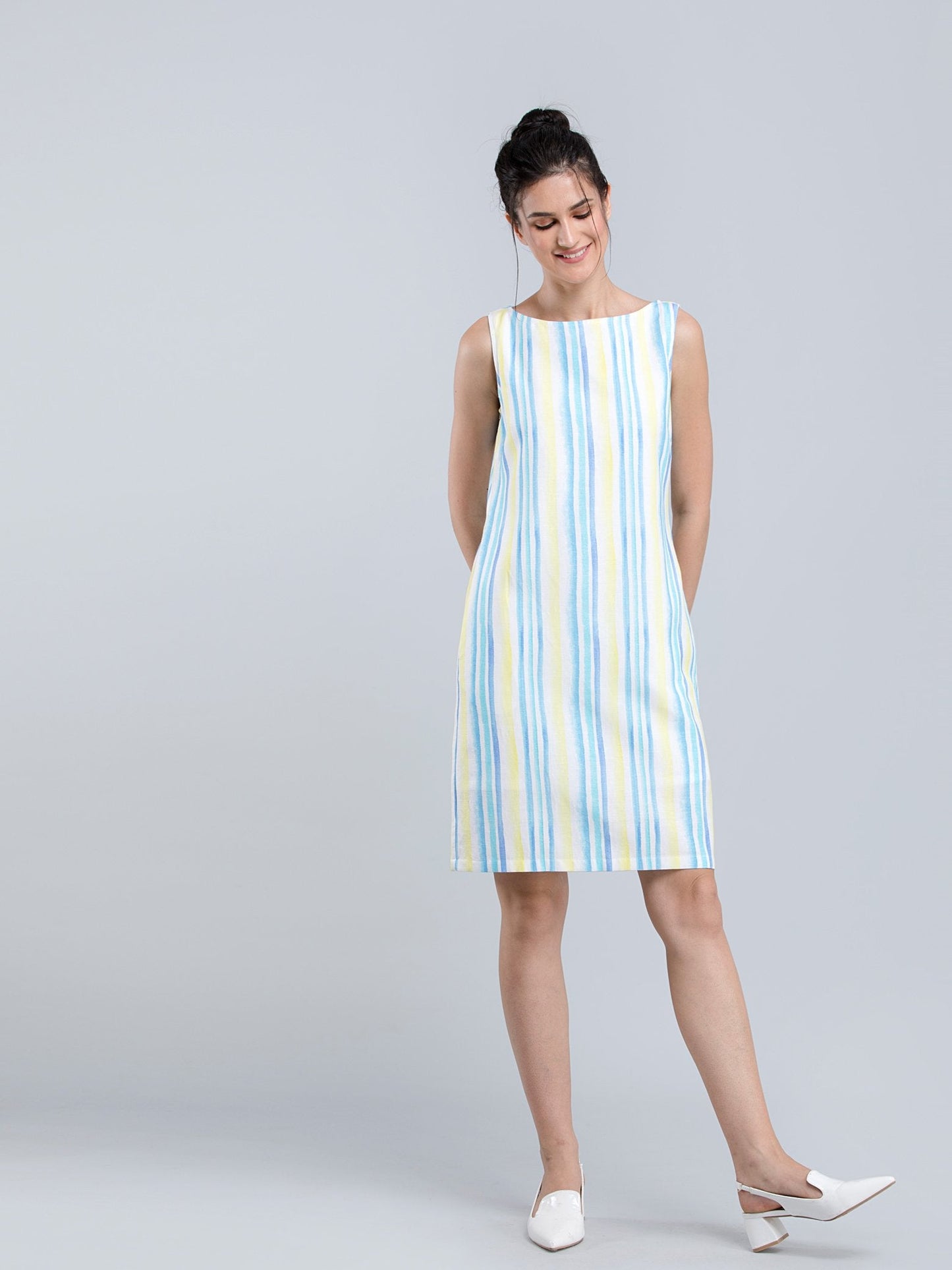 Cotton Linen Boat Neck Striped Shift Dress - Yellow