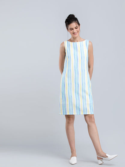 Cotton Linen Boat Neck Striped Shift Dress - Yellow