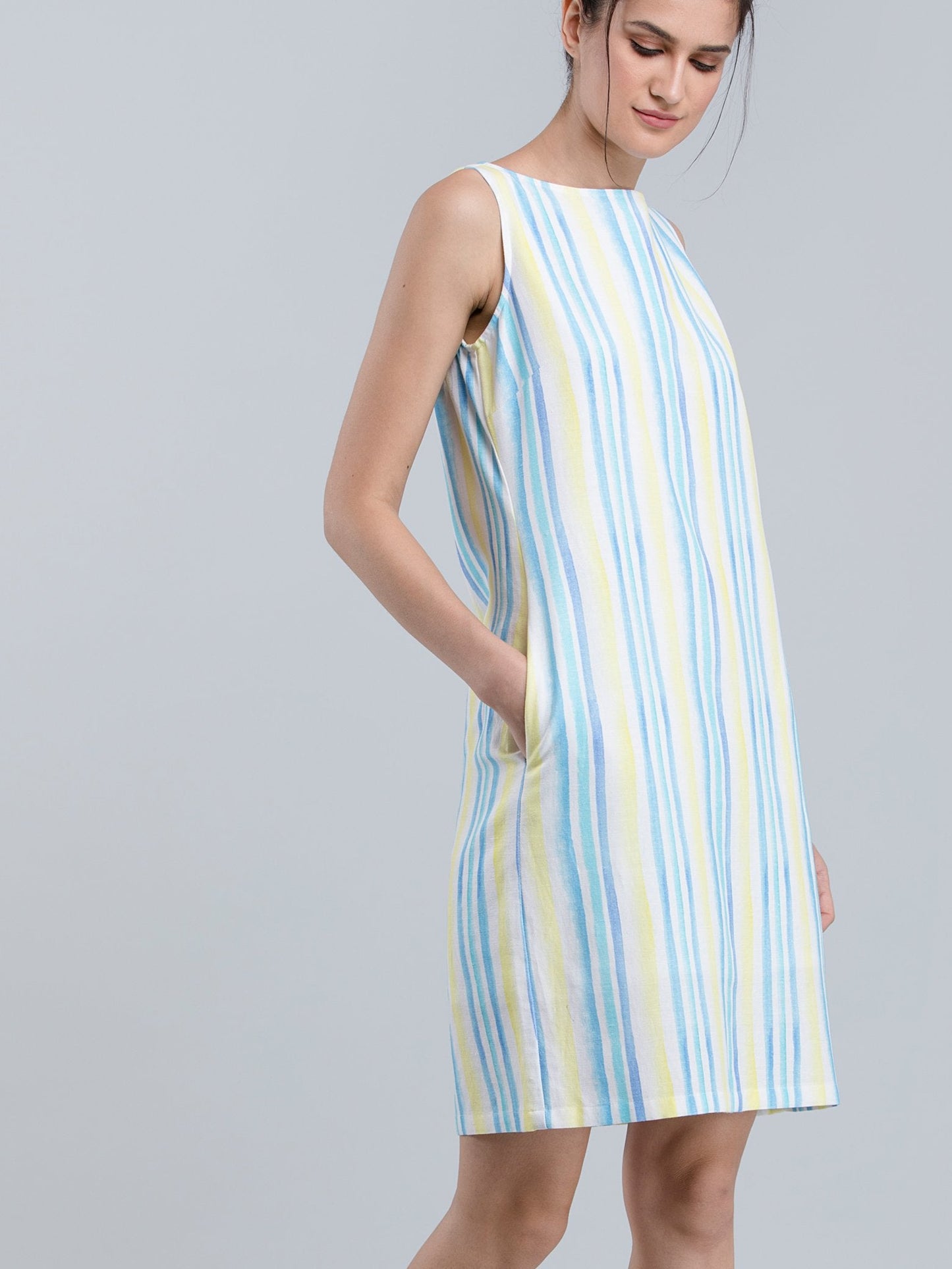 Cotton Linen Boat Neck Striped Shift Dress - Yellow