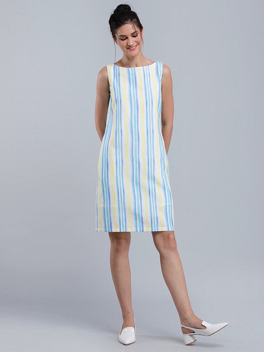 Cotton Linen Boat Neck Striped Shift Dress - Yellow