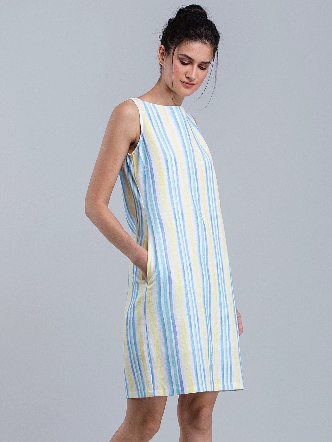 Cotton Linen Boat Neck Striped Shift Dress - Yellow