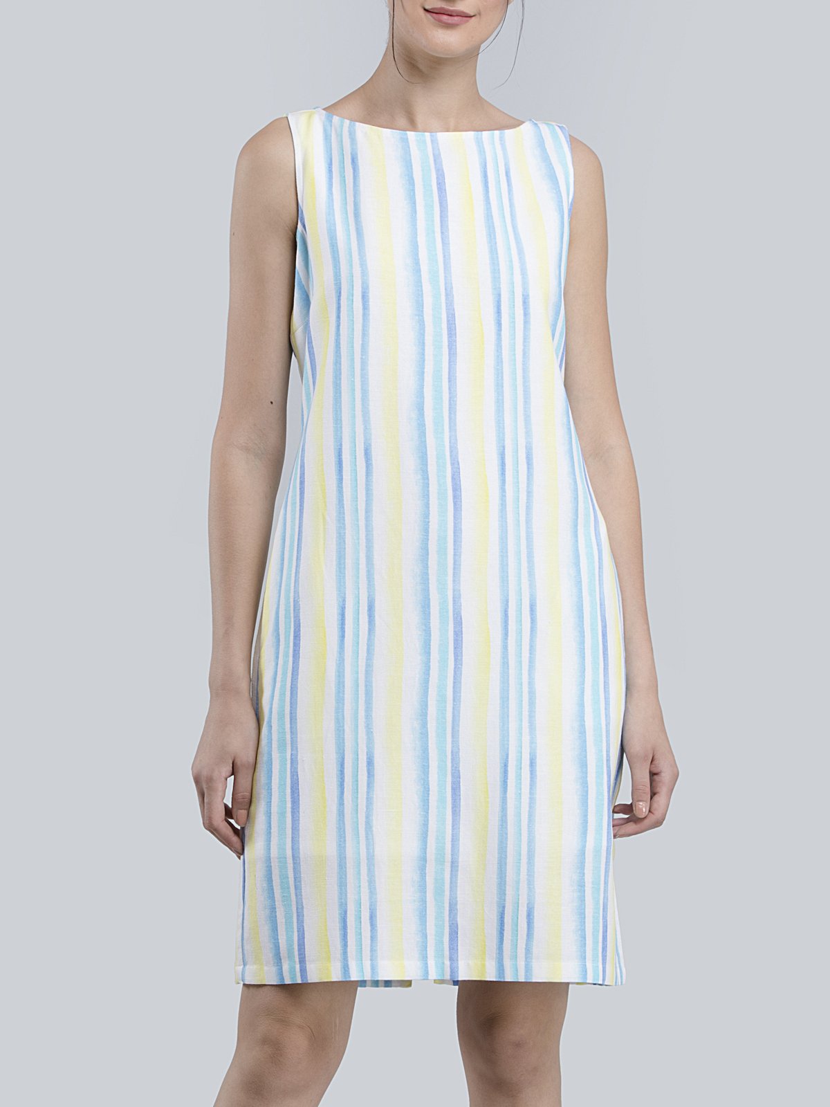 Cotton Linen Boat Neck Striped Shift Dress - Yellow
