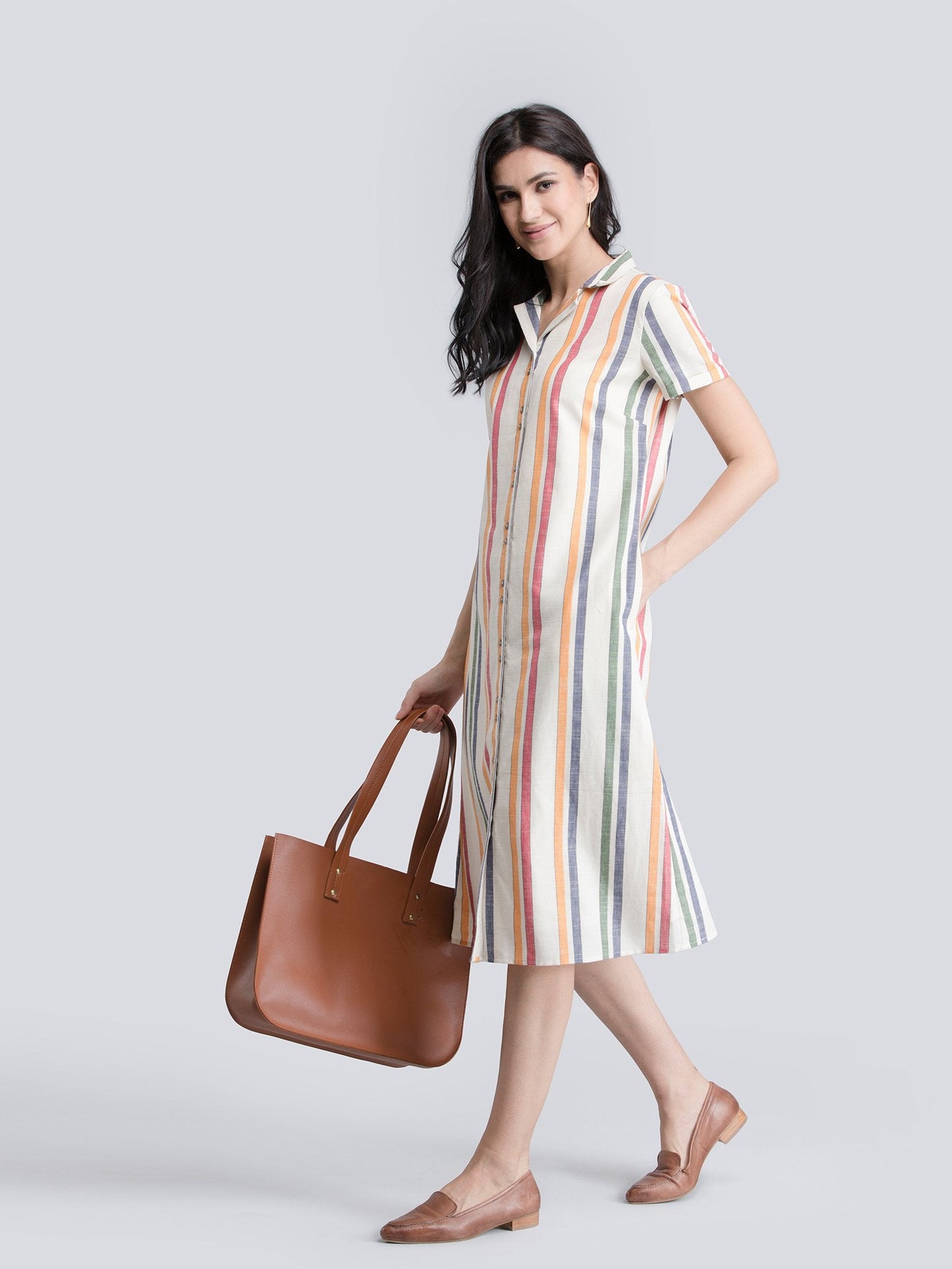 Cotton Linen Notch Collar Striped Shirt Dress - Off White