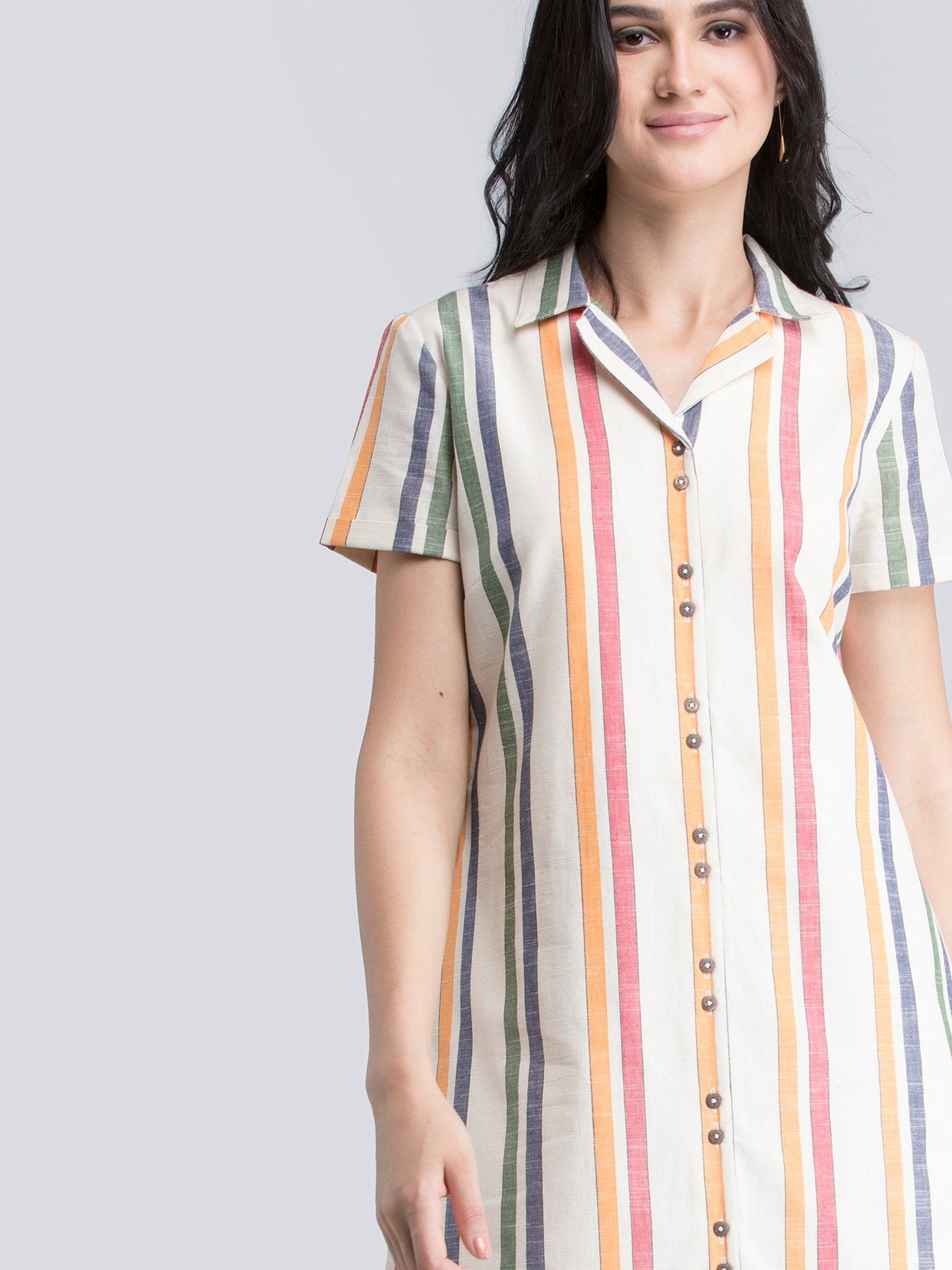 Cotton Linen Notch Collar Striped Shirt Dress - Off White