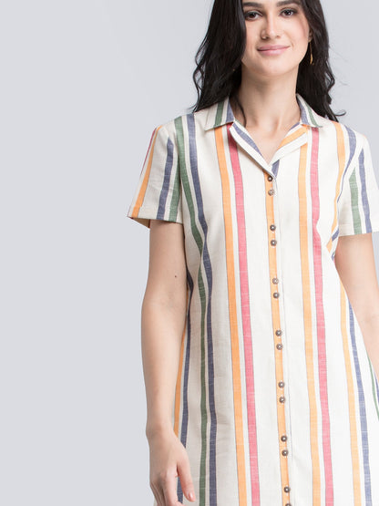 Cotton Linen Notch Collar Striped Shirt Dress - Off White