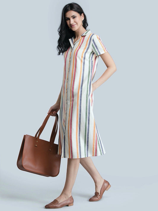 Cotton Linen Notch Collar Striped Shirt Dress - Off White