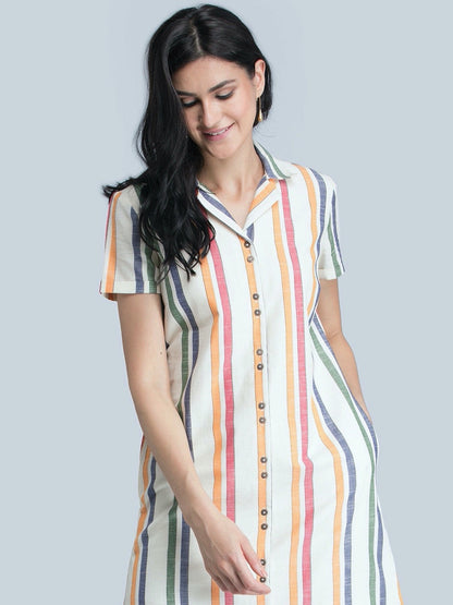 Cotton Linen Notch Collar Striped Shirt Dress - Off White