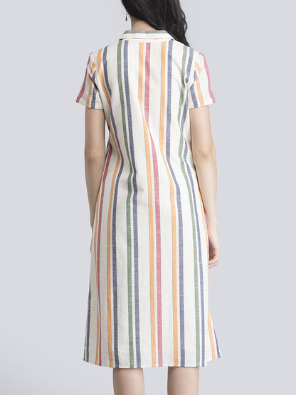 Cotton Linen Notch Collar Striped Shirt Dress - Off White