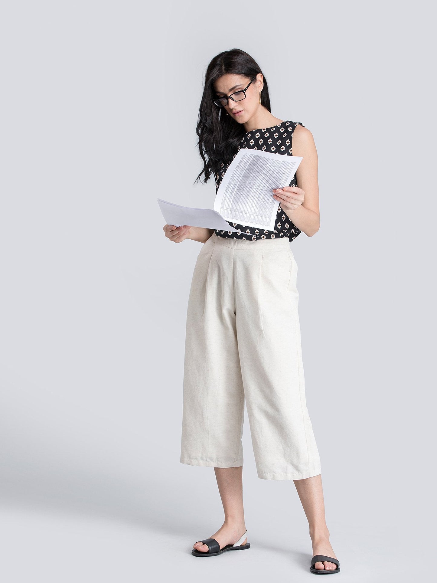 Cotton Linen Pleated Culottes With Elastic - Beige