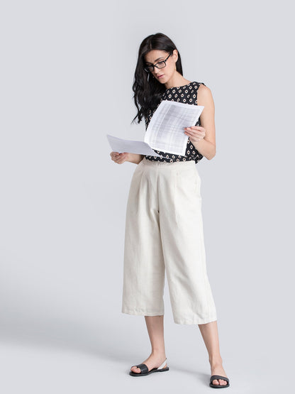 Cotton Linen Pleated Culottes With Elastic - Beige