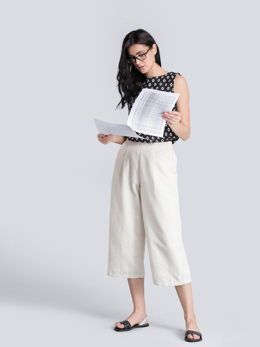 Cotton Linen Pleated Culottes With Elastic - Beige