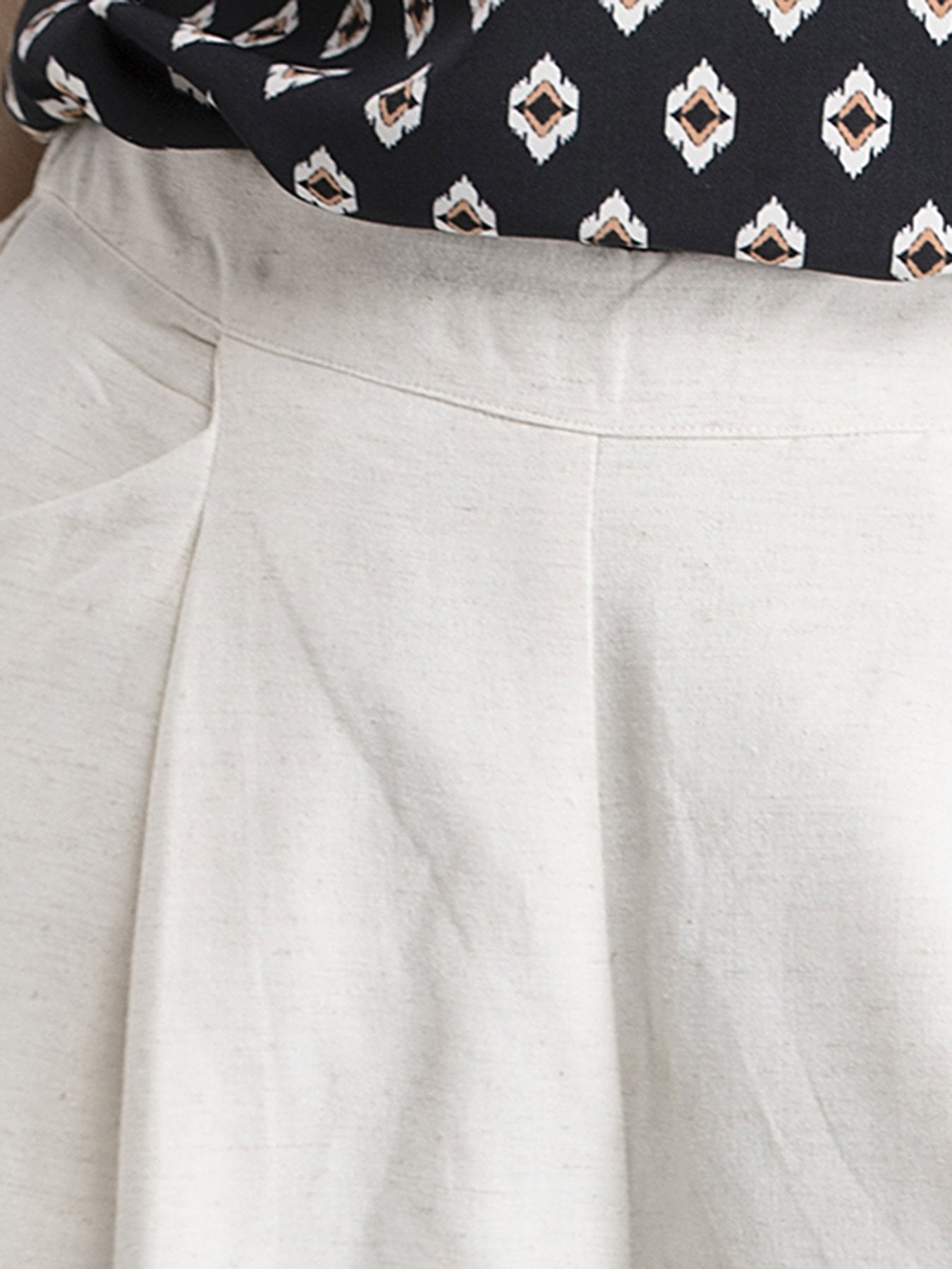 Cotton Linen Pleated Culottes With Elastic - Beige
