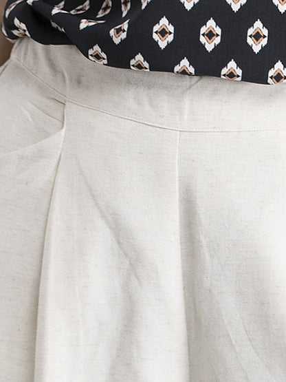 Cotton Linen Pleated Culottes With Elastic - Beige