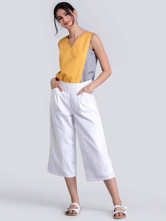 Cotton Linen Pleated Culottes With Elastic - White