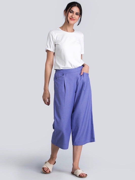 Cotton Linen Pleated Culottes With Elastic - Purple