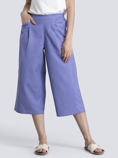 Cotton Linen Pleated Culottes With Elastic - Purple