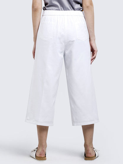 Cotton Linen Pleated Culottes With Elastic - White