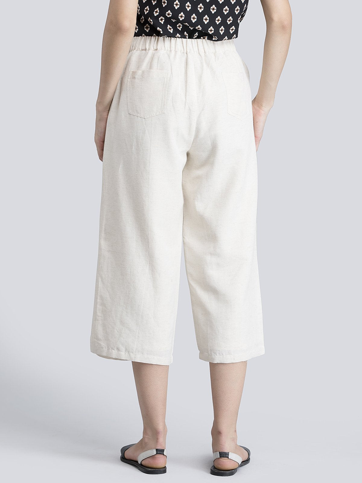 Cotton Linen Pleated Culottes With Elastic - Beige