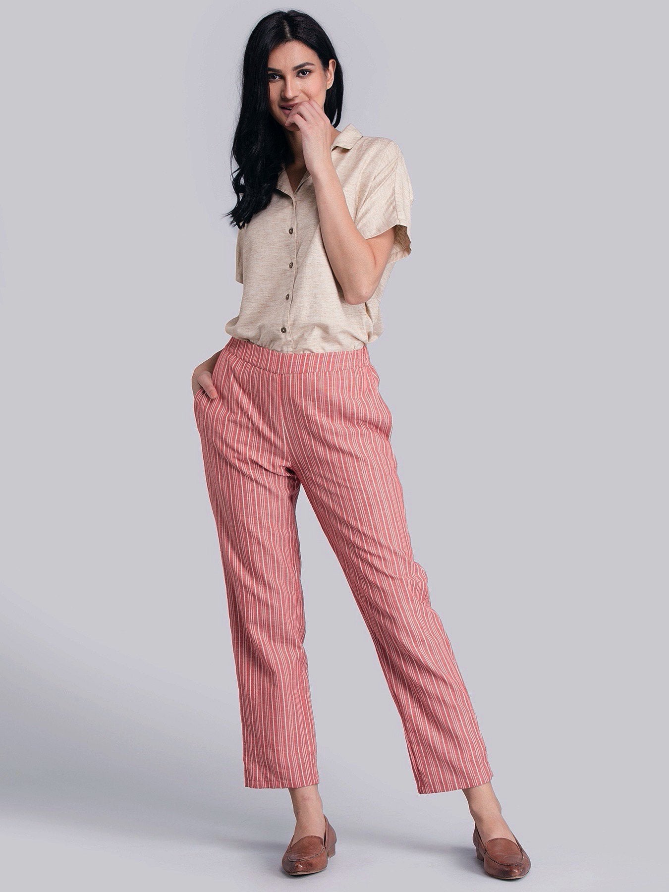 Cotton Linen Striped Tapered Pants - Red