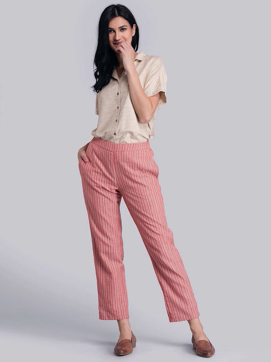 Cotton Linen Striped Tapered Pants - Red