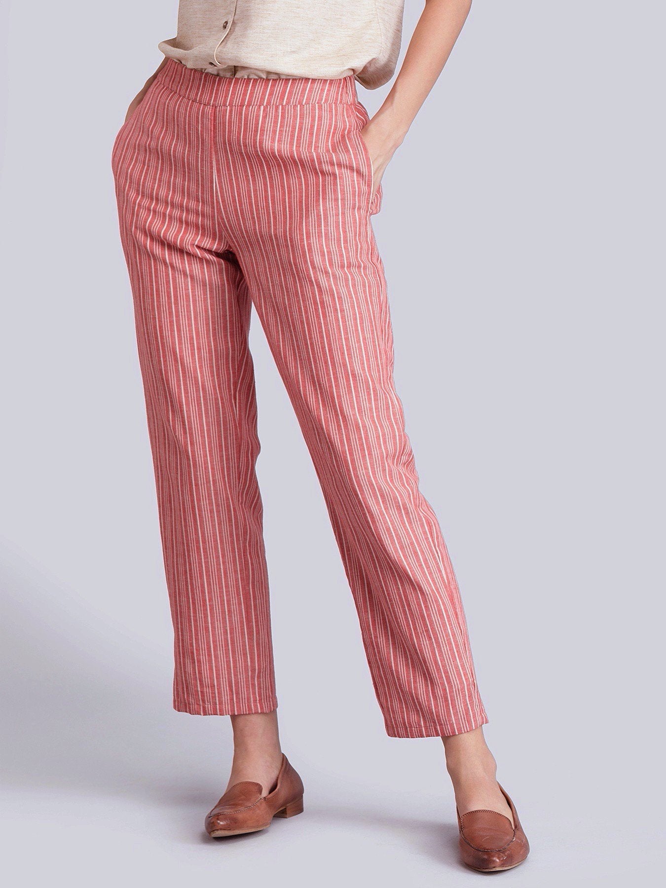 Cotton Linen Striped Tapered Pants - Red