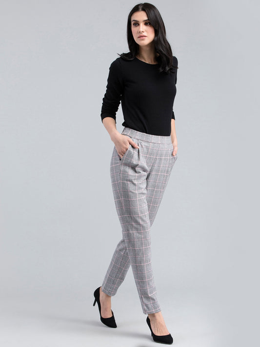Cotton Lycra Plaid Pants - Black and White