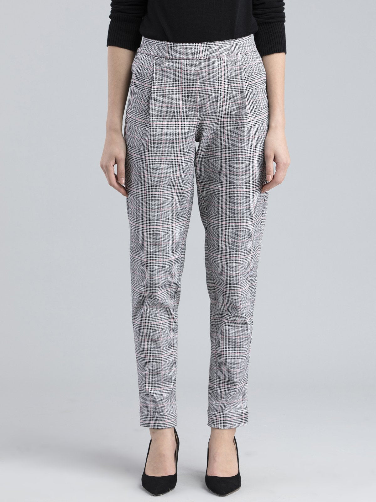 Cotton Lycra Plaid Pants - Black and White