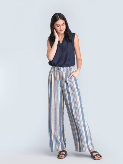 Cotton Paperbag Waist Pants - Blue and White