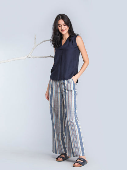 Cotton Paperbag Waist Pants - Blue and White