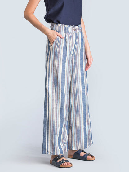Cotton Paperbag Waist Pants - Blue and White