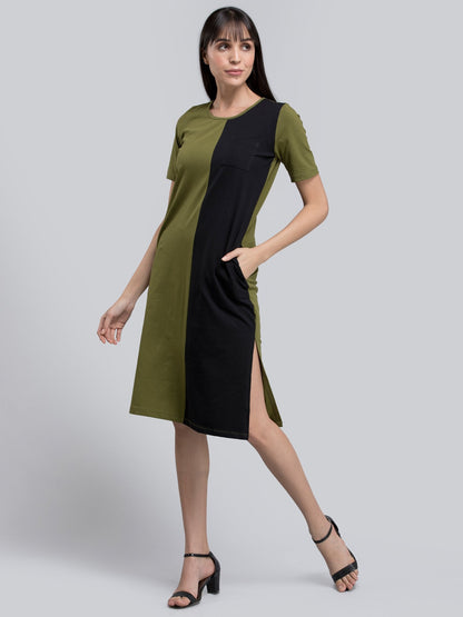 Cotton Round Neck Colour Block Knitted Shift Dress - Green and Black