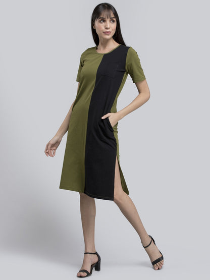 Cotton Round Neck Colour Block Knitted Shift Dress - Green and Black