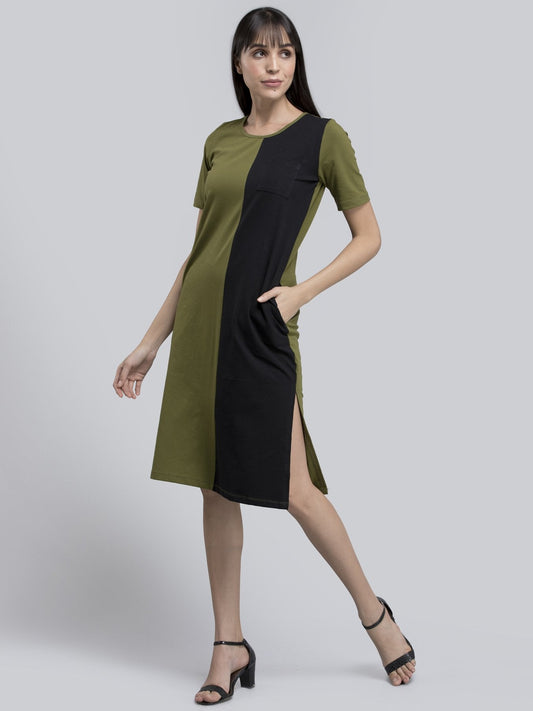 Cotton Round Neck Colour Block Knitted Shift Dress - Green and Black