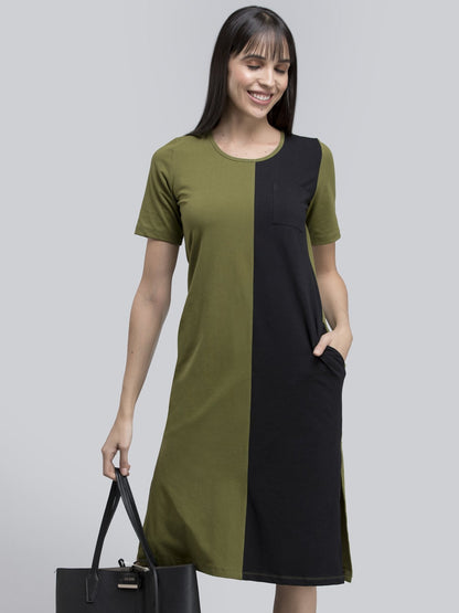 Cotton Round Neck Colour Block Knitted Shift Dress - Green and Black