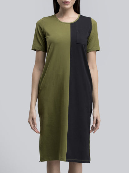 Cotton Round Neck Colour Block Knitted Shift Dress - Green and Black