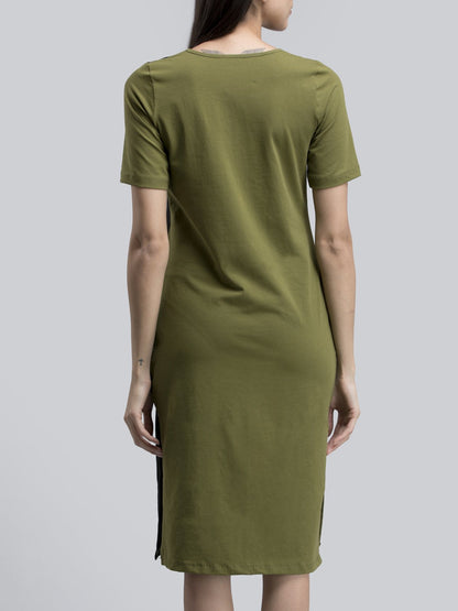 Cotton Round Neck Colour Block Knitted Shift Dress - Green and Black
