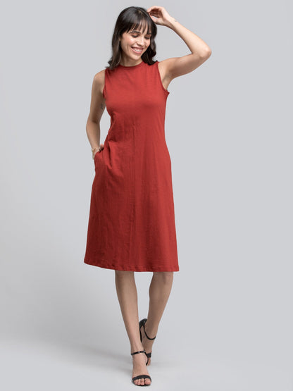 Cotton Round Neck Knitted Dress - Rust