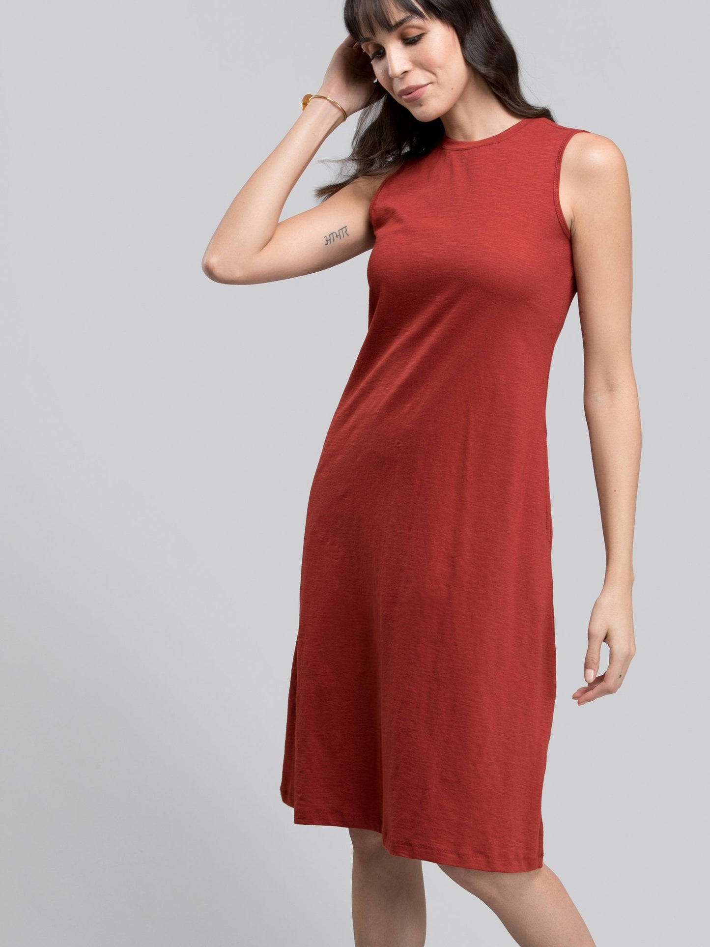 Cotton Round Neck Knitted Dress - Rust