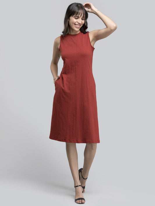 Cotton Round Neck Knitted Dress - Rust
