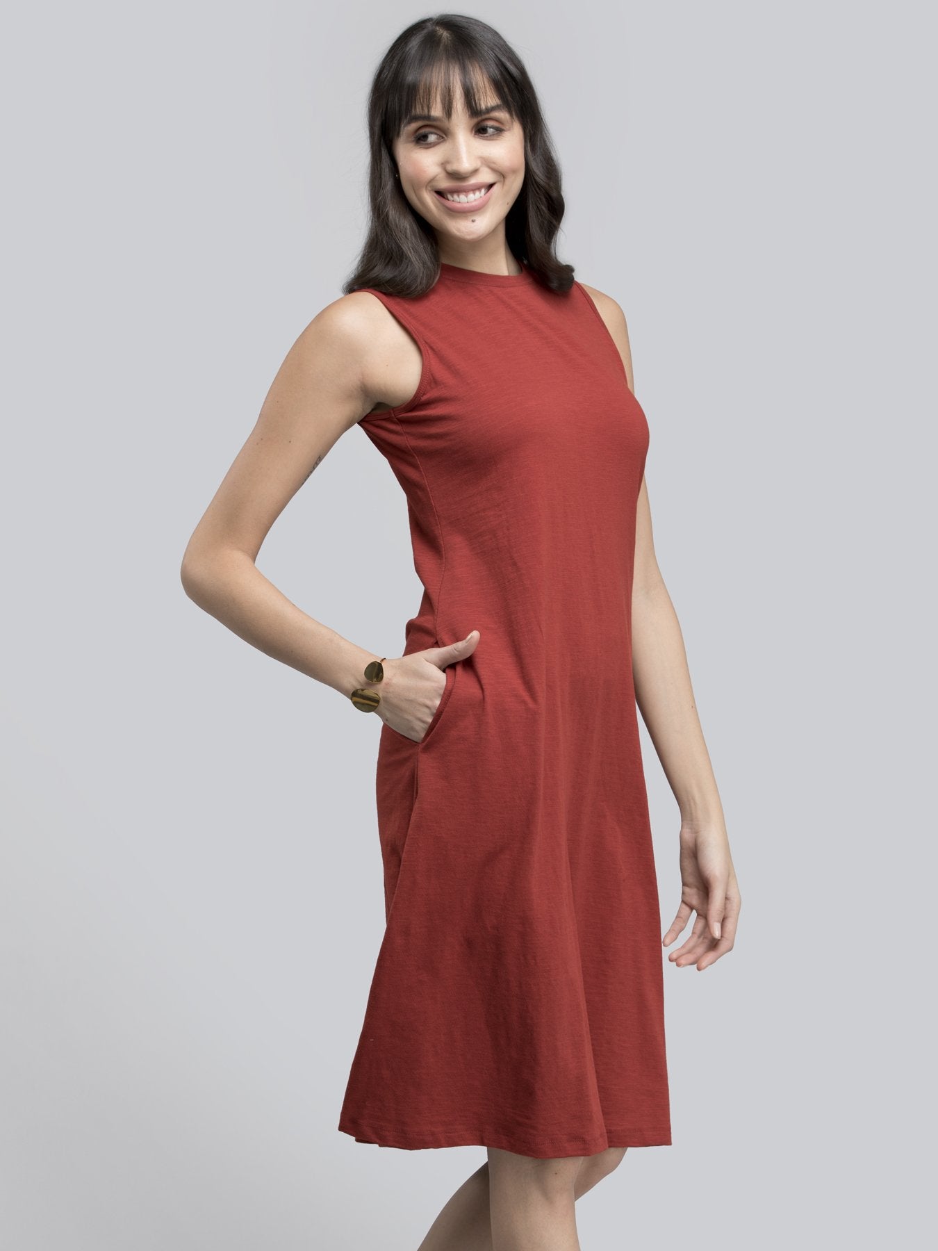 Cotton Round Neck Knitted Dress - Rust