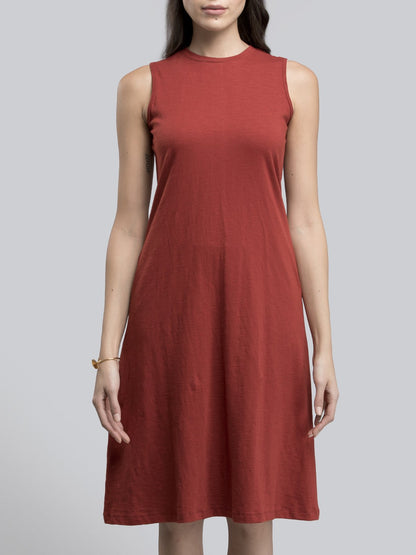 Cotton Round Neck Knitted Dress - Rust